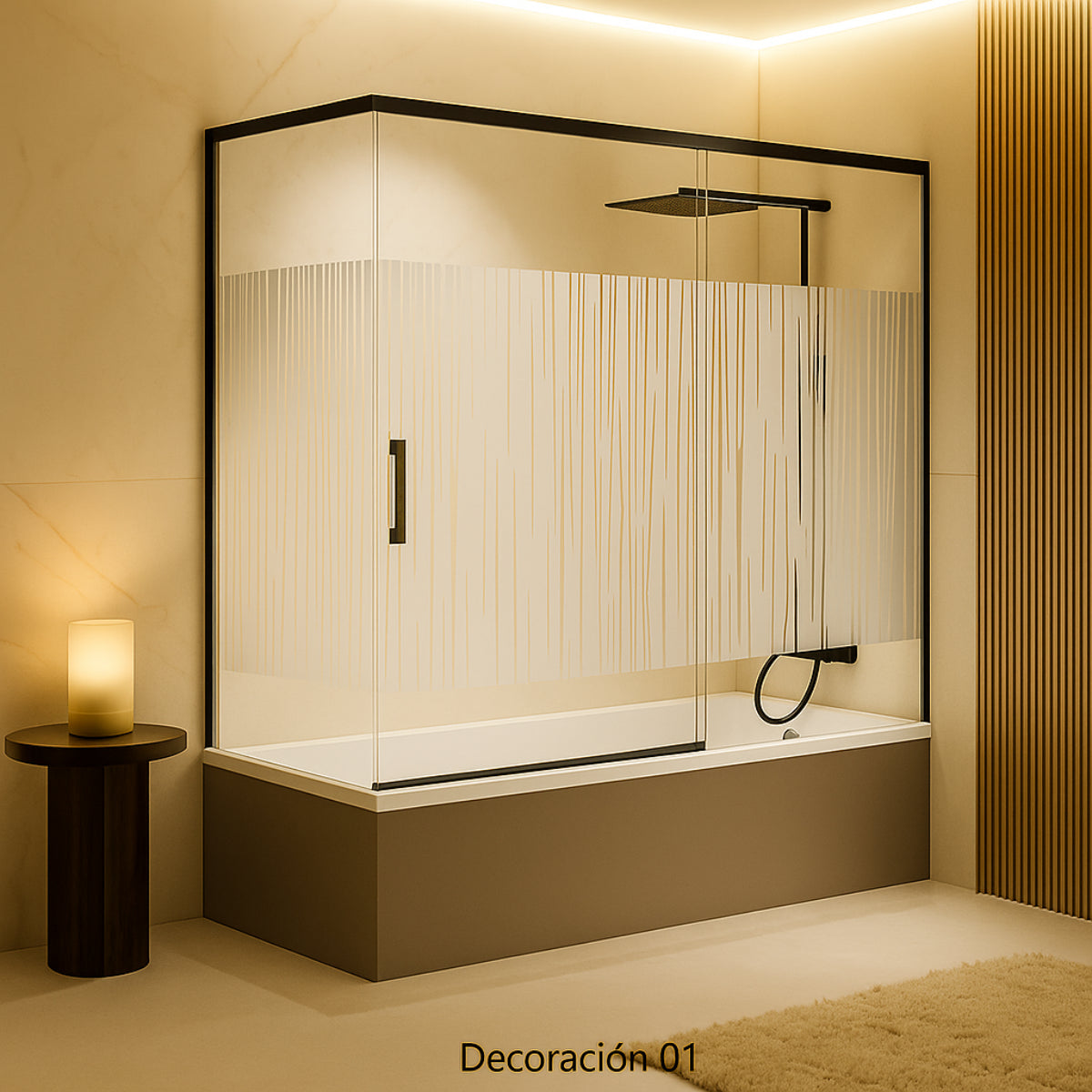 Mampara de bañera YAIZA Becrisa vidrios decorativos, 1 puerta corredera, 1 fijo+1 lateral fijo, perfil negro, Errefe Home