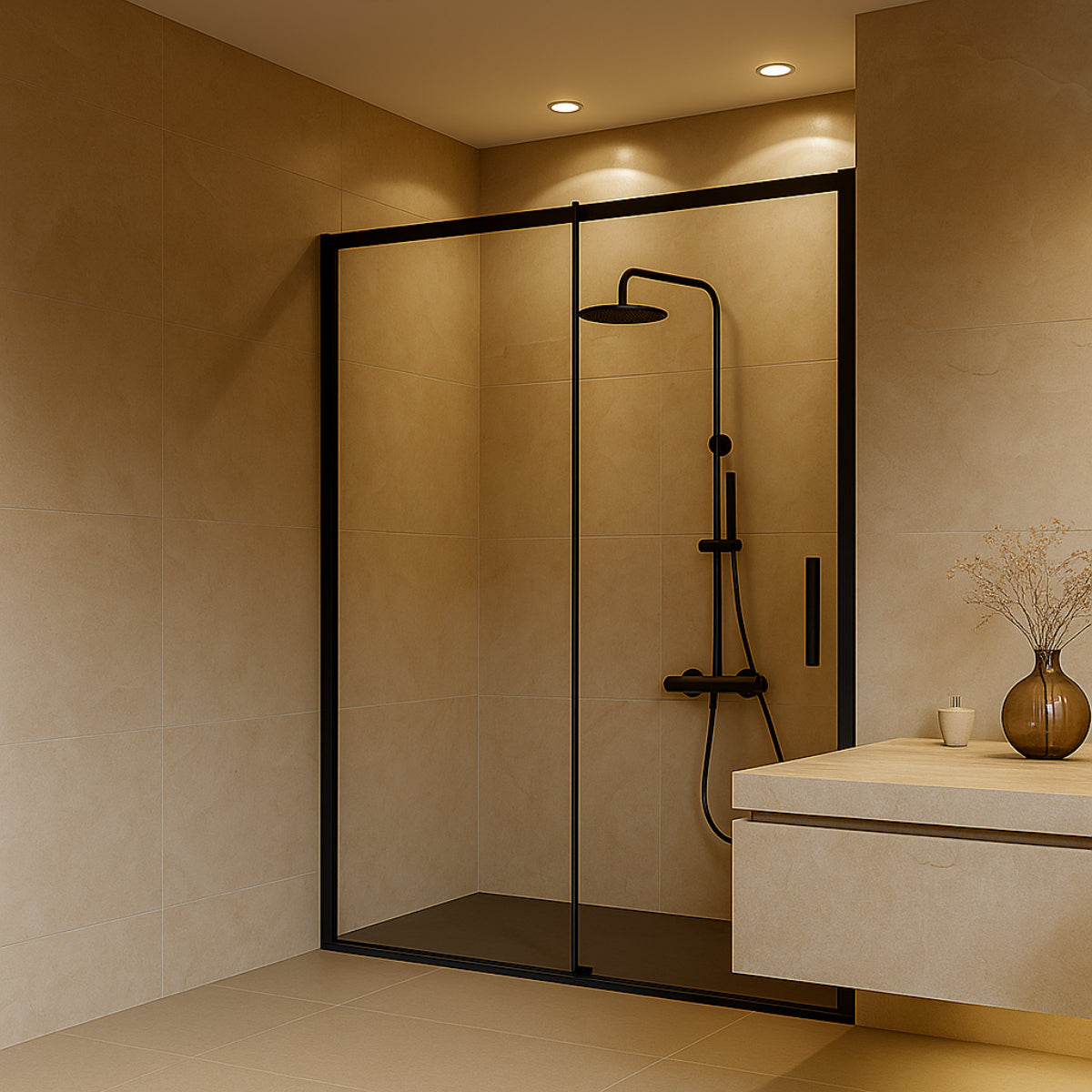 Mampara de ducha Delta Kassandra, 1 corredera + 1 fijo, perfil en negro mate, cristal transparente, diseño estilizado y minimalista, Errefe Home