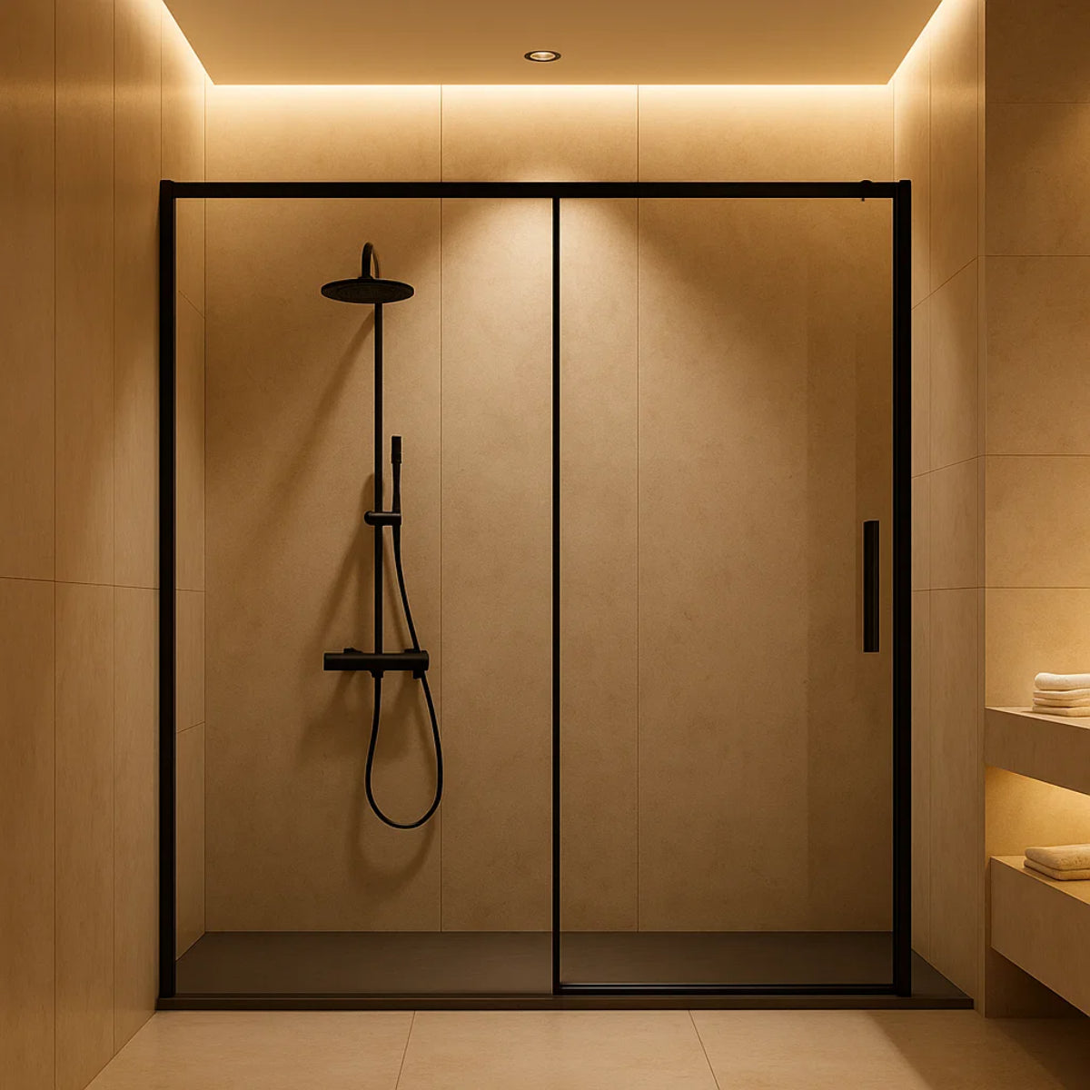 Mampara de ducha Delta Kassandra, 1 corredera + 1 fijo, perfil en negro mate, cristal transparente, diseño estilizado y elegante, Errefe Home