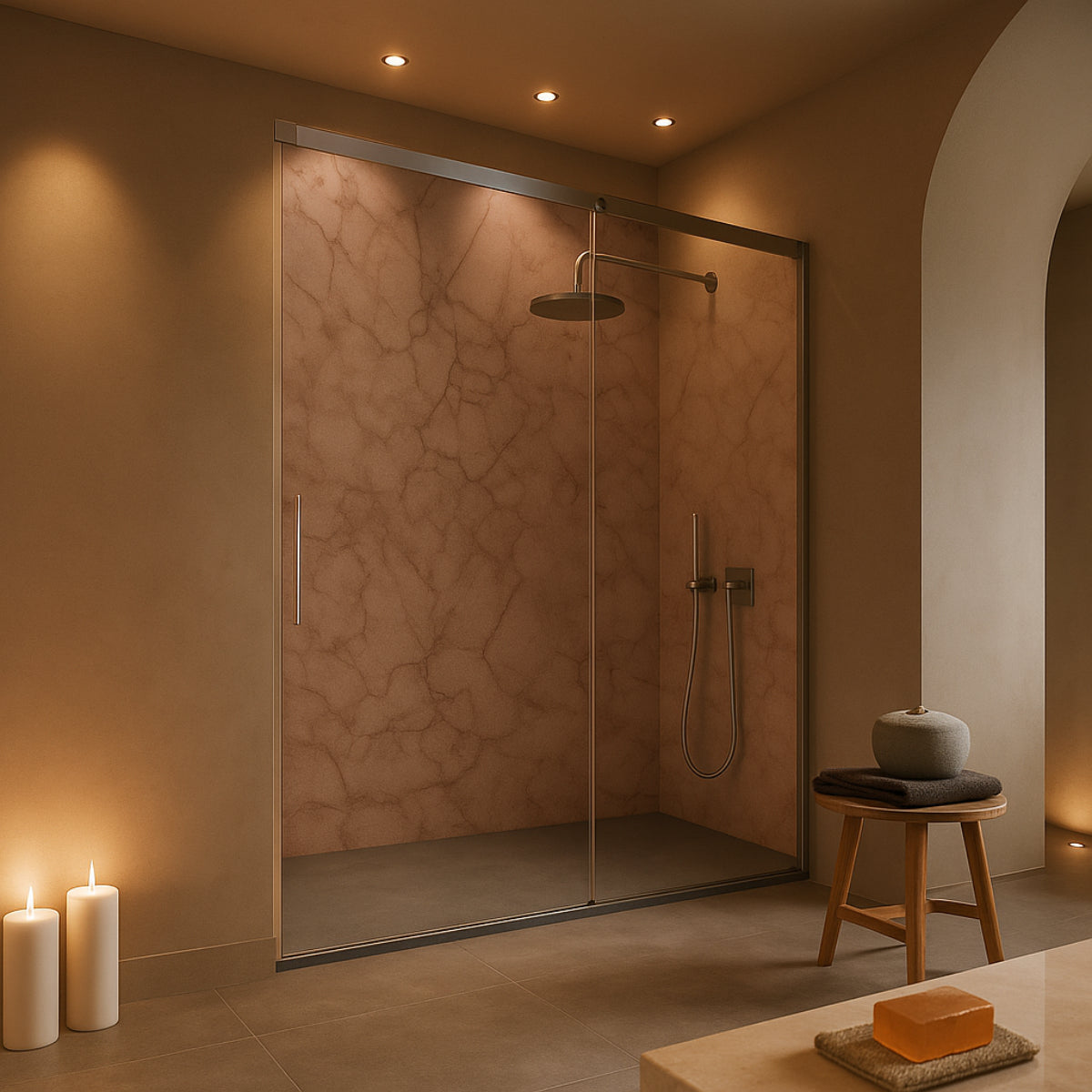 Baño moderno con mampara acogedora Luna cristal templado diseño contemporáneo Errefe Home