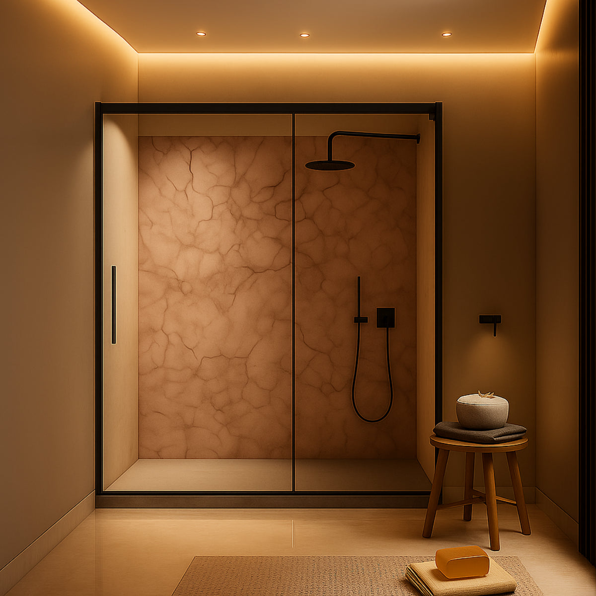 Mampara de ducha Luna 2 frontal 1 puerta corredera 1 fijo acabado negro mate diseño minimalista Errefe Home