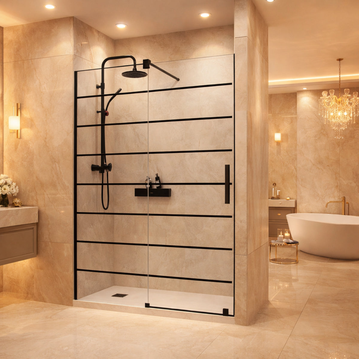 Mampara de ducha corredera RONDA Becrisa vidrios decorativos, perfil negro mate, diseño minimalista y estilizado, Errefe Home