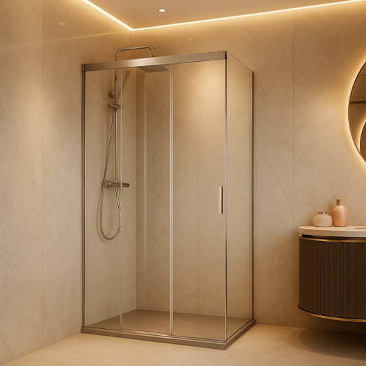 Mampara de ducha Treviño Becrisa, frontal con 2 puertas correderas sincronizadas, 1 fijo y 1 lateral fijo, perfil en cromo, diseño moderno y funcional, Errefe Home