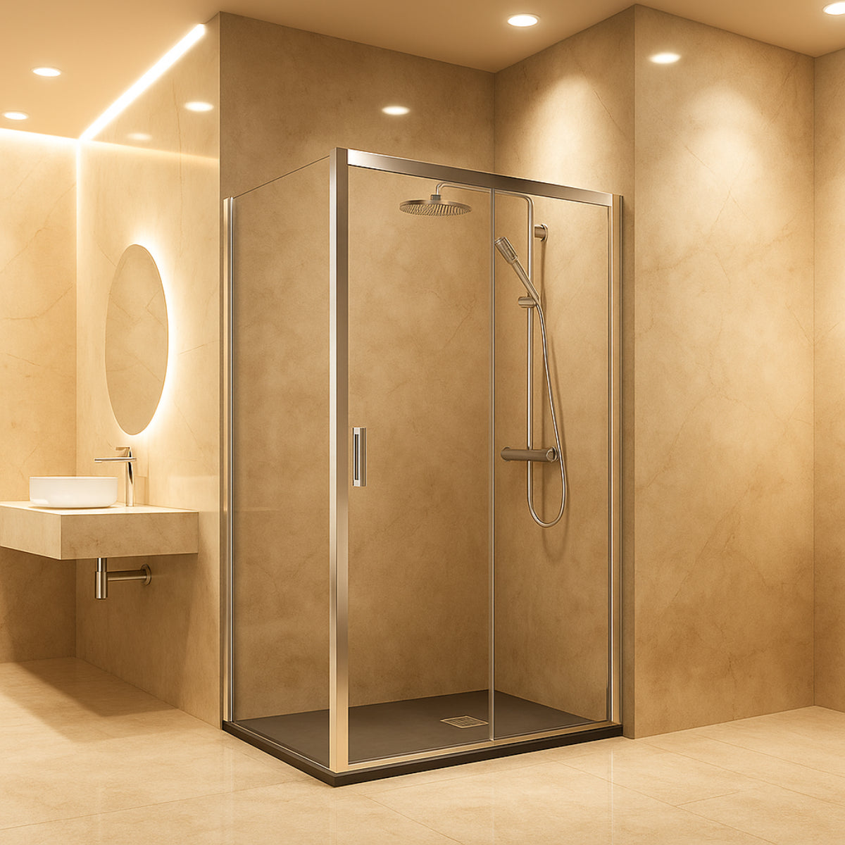 Mampara de ducha Tokio Becrisa vidrios transparentes, 1 puerta corredera + 1 fijo + 1 lateral fijo, perfil cromo, estilo actual y versátil, Errefe Home