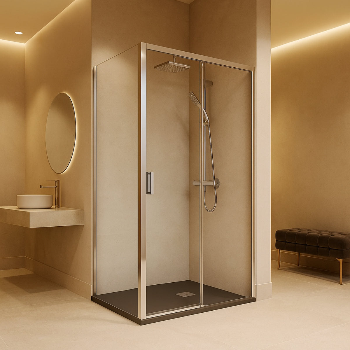 Mampara de ducha Tokio Becrisa vidrios transparentes, 1 puerta corredera + 1 fijo + 1 lateral fijo, perfil cromo, estilo actual y versátil, Errefe Home