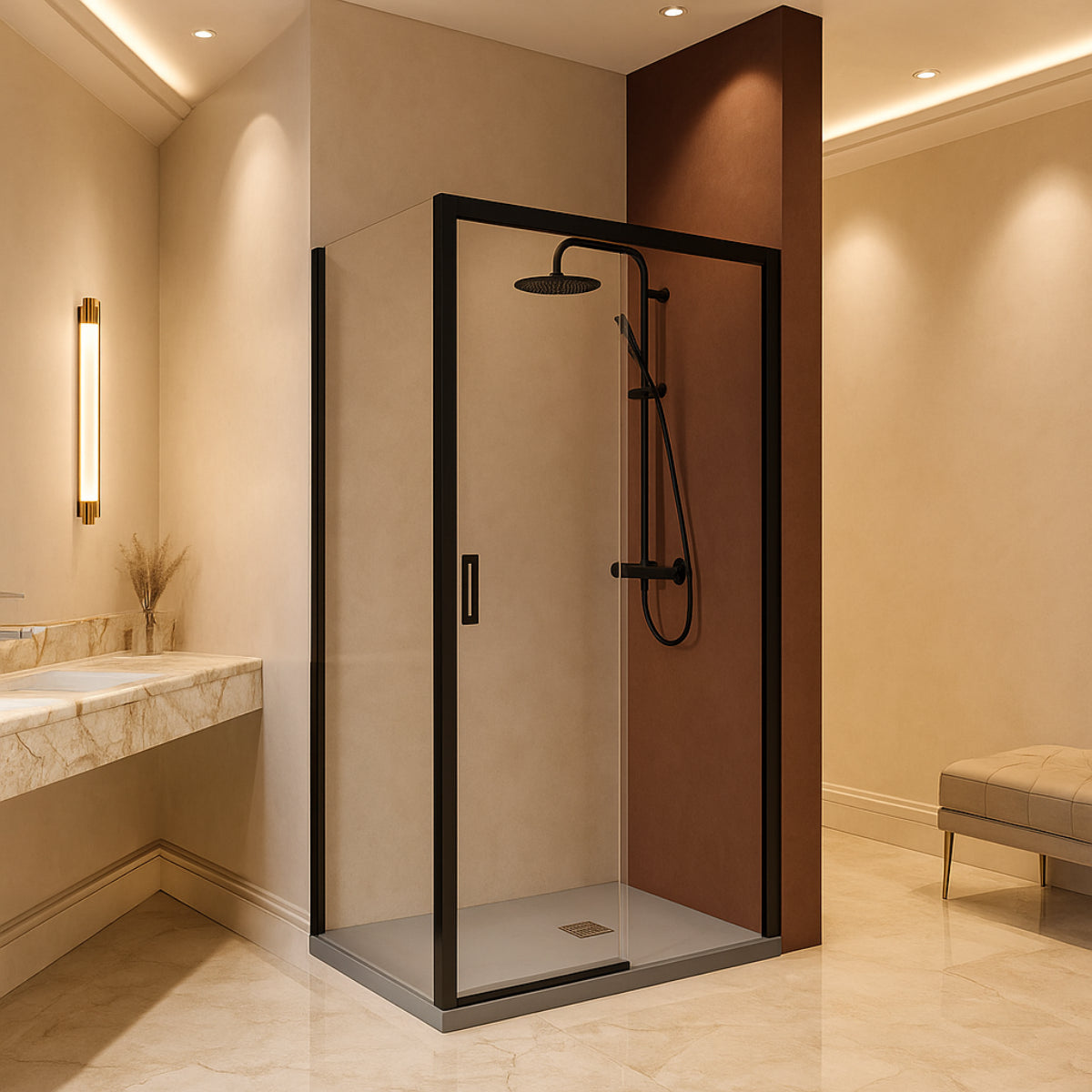 Mampara de ducha Tokio Becrisa vidrios transparentes, 1 puerta corredera + 1 fijo + 1 lateral fijo, perfil negro mate, estilo actual y versátil, Errefe Home