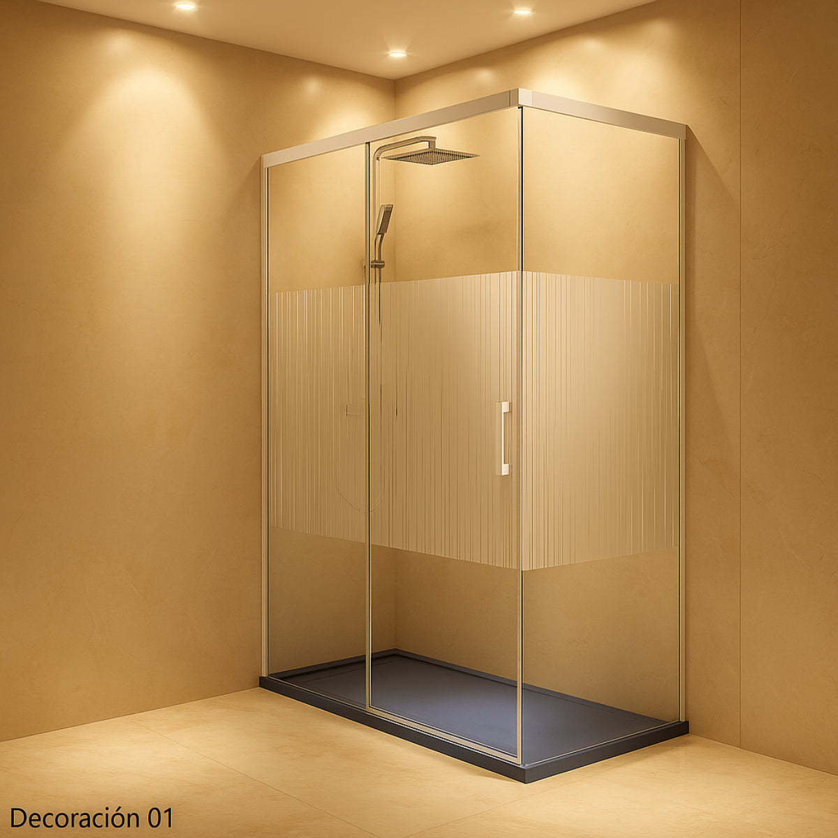 Mampara de ducha Yaiza Becrisa vidrios decorativos, 1 corredera + 1 fijo + 1 lateral fijo, perfil blanco, diseño atemporal y luminoso, Errefe Home