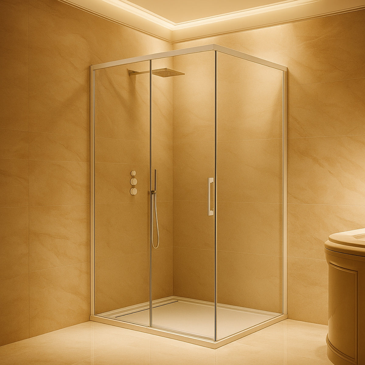 Mampara de ducha Yaiza Becrisa vidrios transparentes, 1 corredera + 1 fijo + 1 lateral fijo, perfil blanco, diseño atemporal y luminoso, Errefe Home