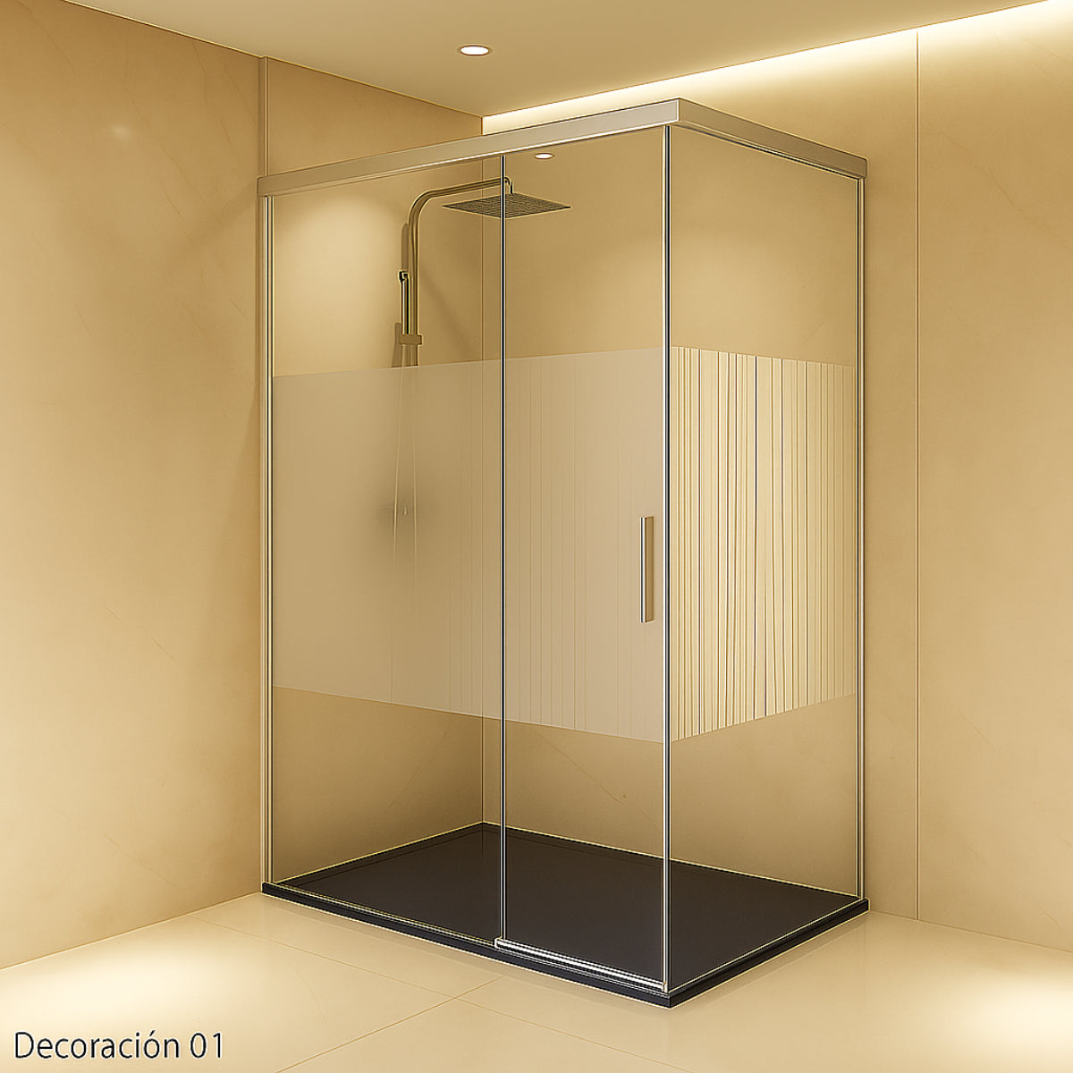 Mampara de ducha Yaiza Becrisa vidrios decorativos, 1 corredera + 1 fijo + 1 lateral fijo, perfil cromo, diseño atemporal y luminoso, Errefe Home