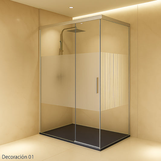 Mampara de ducha Yaiza Becrisa vidrios decorativos, 1 corredera + 1 fijo + 1 lateral fijo, perfil cromo, diseño atemporal y luminoso, Errefe Home