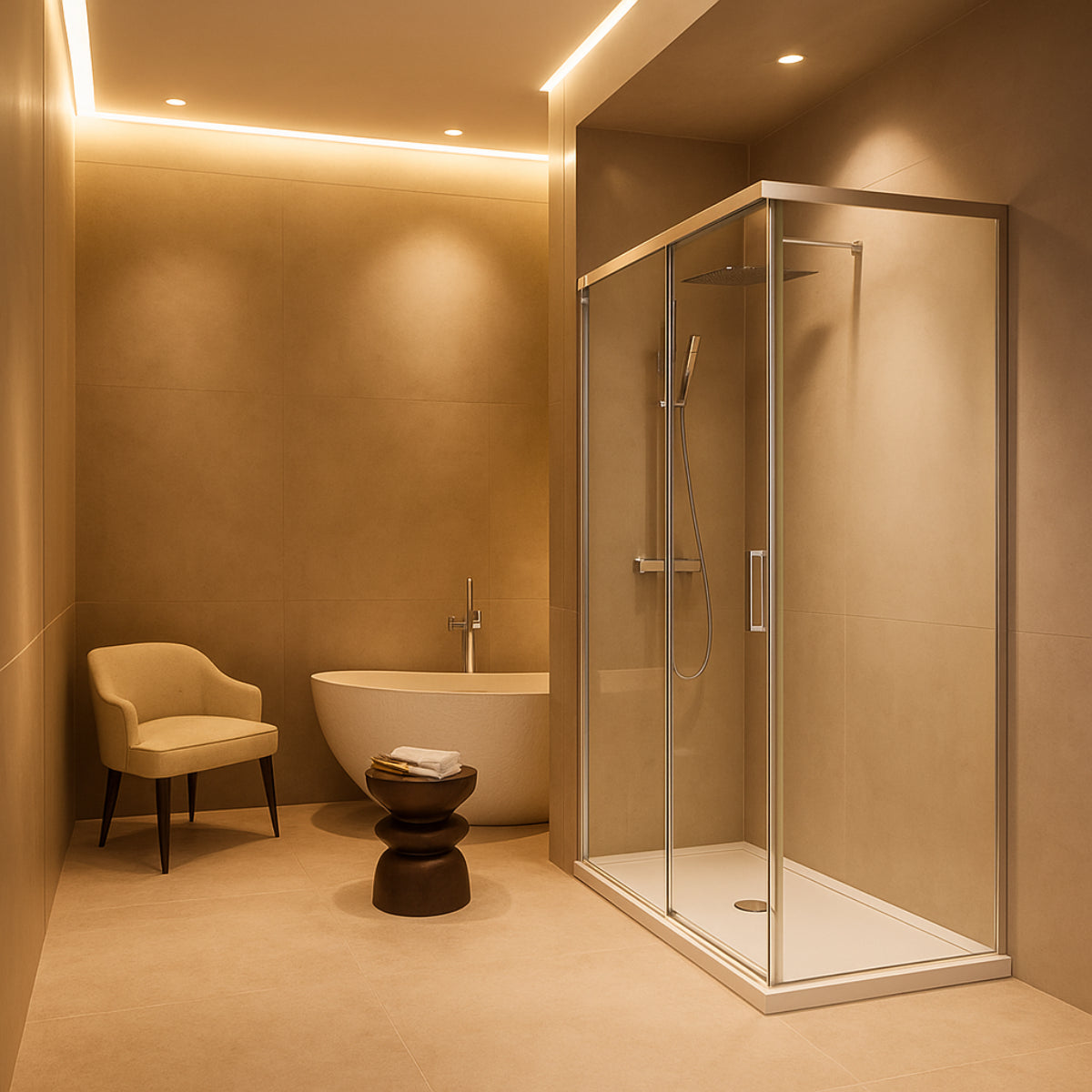 Mampara de ducha Yaiza Becrisa vidrios transparentes, 1 corredera + 1 fijo + 1 lateral fijo, perfil cromo, diseño atemporal y luminoso, Errefe Home