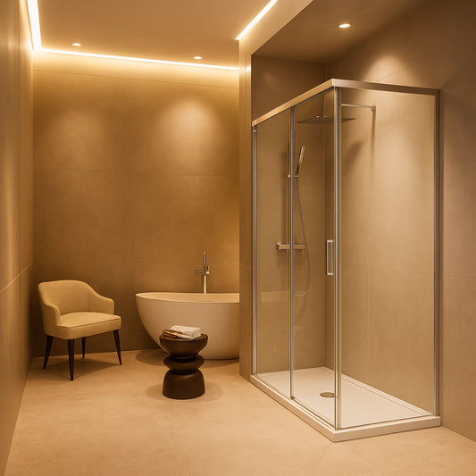 Mampara de ducha Yaiza Becrisa vidrios transparentes, 1 corredera + 1 fijo + 1 lateral fijo, perfil cromo, diseño atemporal y luminoso, Errefe Home