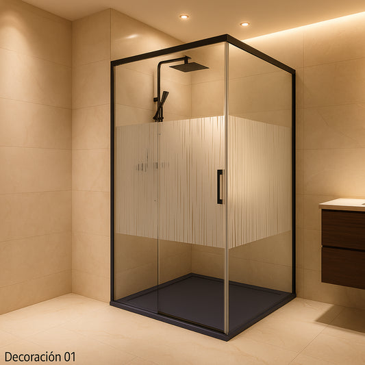 Mampara de ducha Yaiza Becrisa vidrios decorativos, 1 corredera + 1 fijo + 1 lateral fijo, perfil negro, diseño atemporal y luminoso, Errefe Home