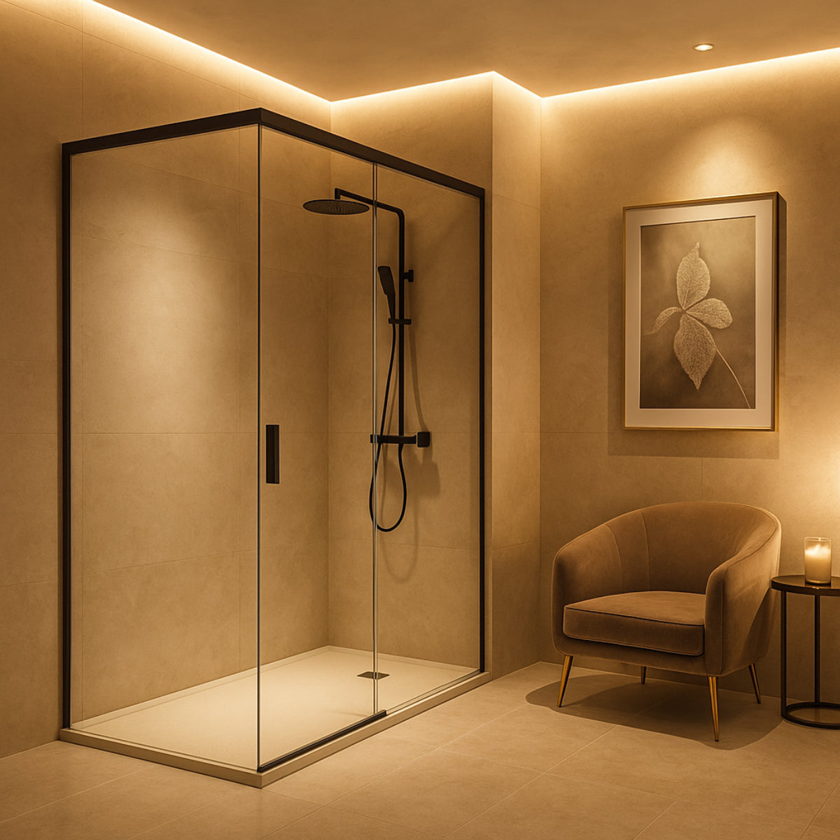 Mampara de ducha Yaiza Becrisa vidrios transparentes, 1 corredera + 1 fijo + 1 lateral fijo, perfil negro, diseño atemporal y luminoso, Errefe Home