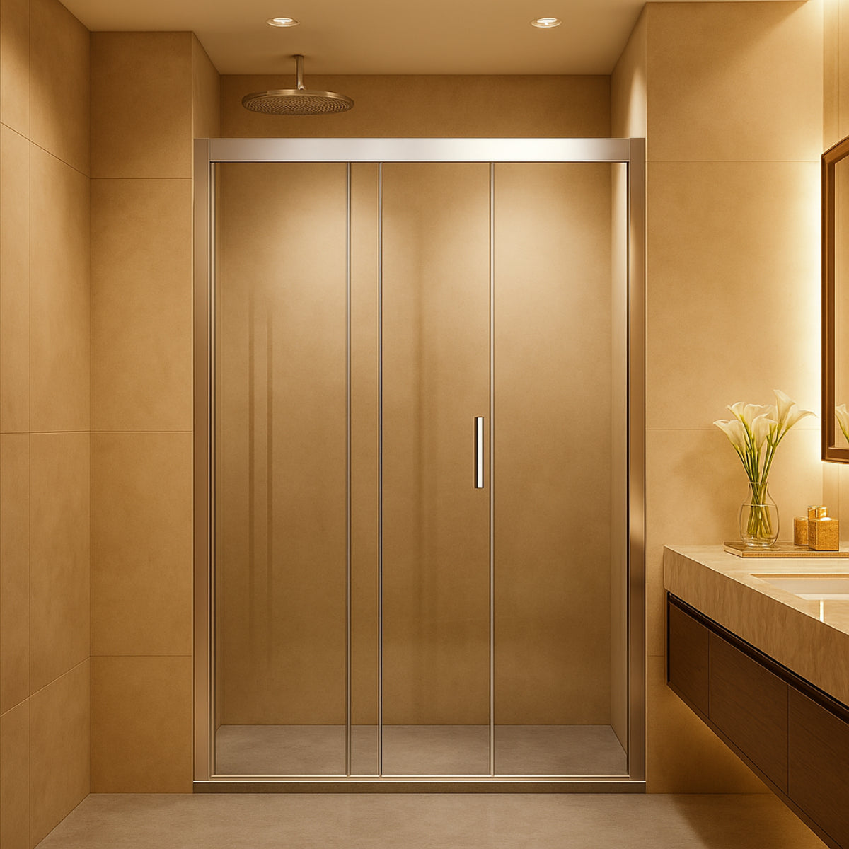 Mampara de ducha Treviño Becrisa, vidrios transparentes, 2 puertas correderas sincronizadas + 1 fijo, perfil cromo, diseño elegante y exclusivo, Errefe Home