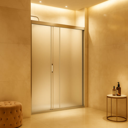 Mampara de ducha Treviño Becrisa, vidrios transparentes, 2 puertas correderas sincronizadas + 1 fijo, perfil cromo, diseño elegante y ideal para lavabos pequeños, Errefe Home