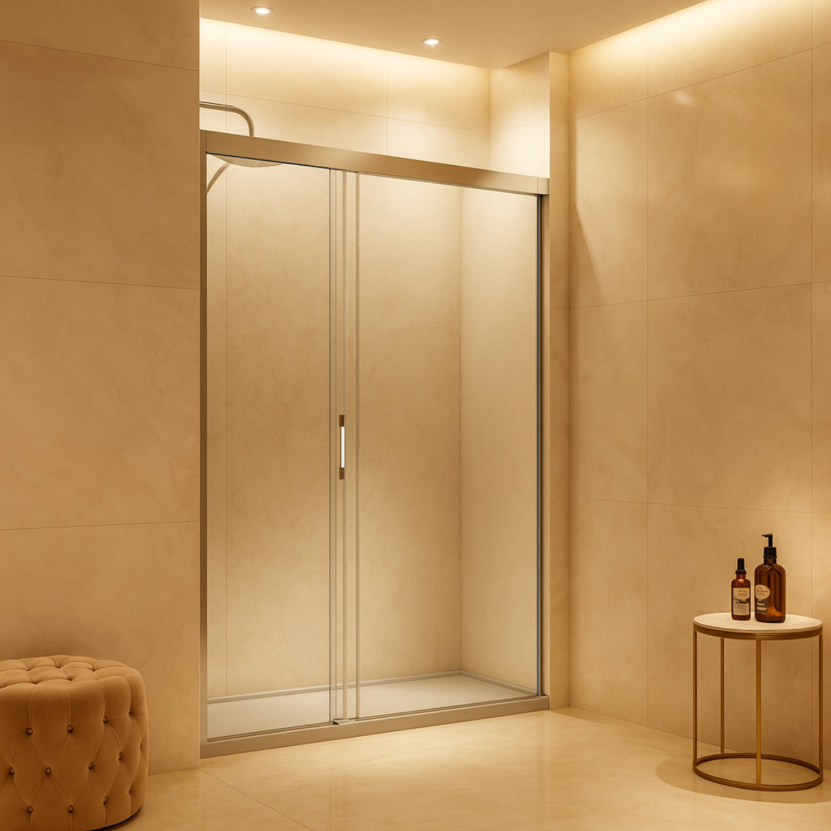 Mampara de ducha Treviño Becrisa, vidrios transparentes, 2 puertas correderas sincronizadas + 1 fijo, perfil cromo, diseño elegante y muy practico lavabos pequeños Errefe Home