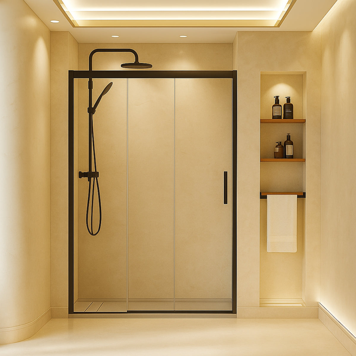 Mampara de ducha Treviño Becrisa, vidrios transparentes, 2 puertas correderas sincronizadas + 1 fijo, perfil negro, diseño elegante y cómodo, Errefe Home