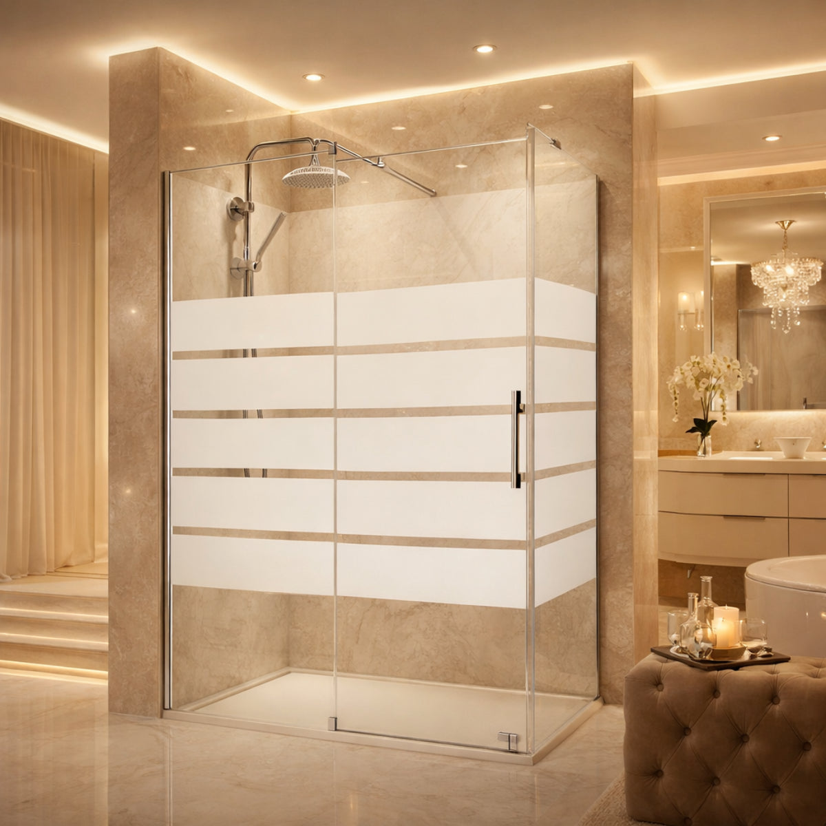 Mampara de ducha RONDA Becrisa vidrios decorativos, puerta corredera + fijo + fijo lateral acabado cromo, diseño elegante, Errefe Home