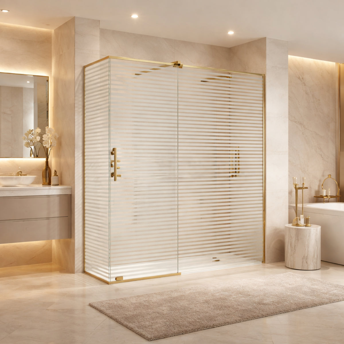 Mampara de ducha RONDA Becrisa vidrios decorativos en rayas blancas, puerta corredera + fijo + fijo lateral acabado oro, diseño premium y elegante, Errefe Home