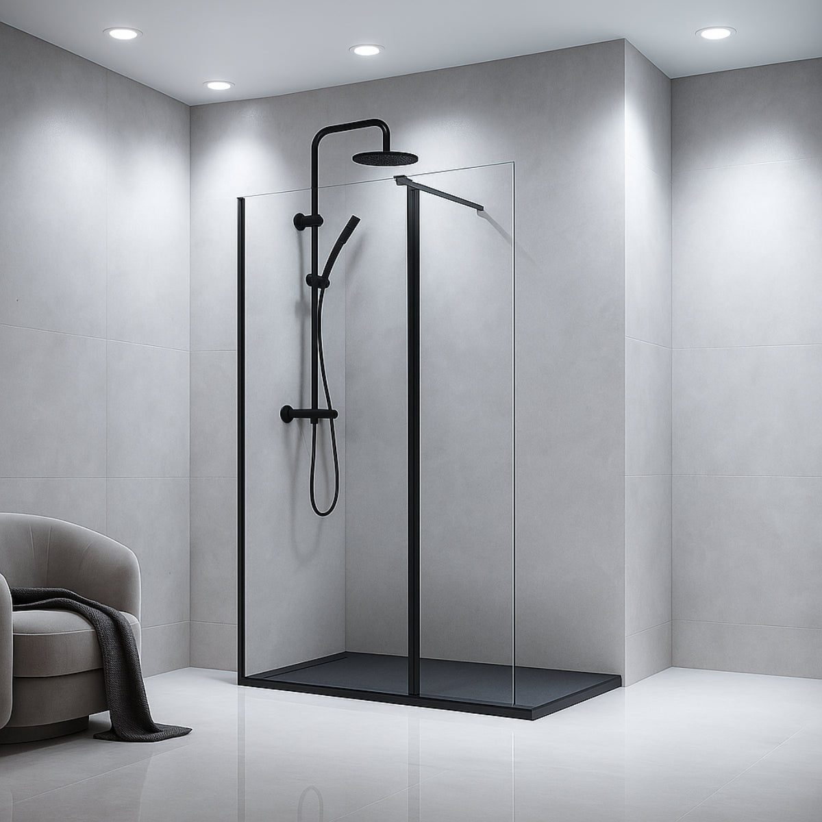 Mampara de ducha DENIA Becrisa vidrios transparentes, fijo + extensión abatible, perfil negro, diseño moderno, sobrio y elegante, Errefe Home