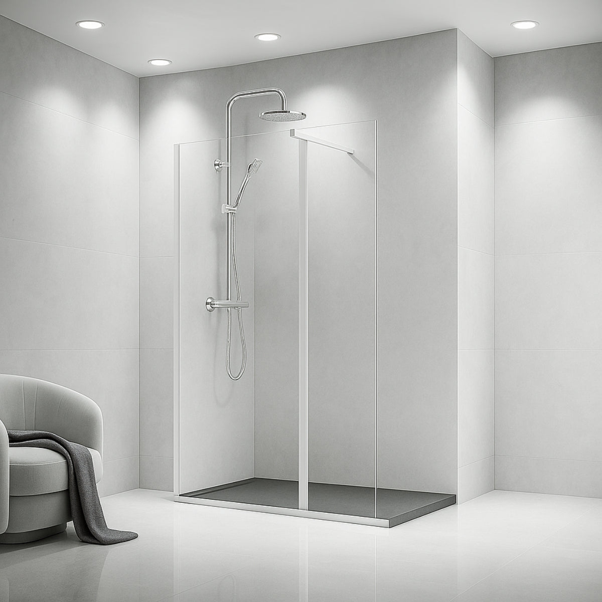 Mampara de ducha DENIA Becrisa vidrios transparentes, fijo + extensión abatible, perfil blanco, diseño moderno, limpio y balanceado, Errefe Home