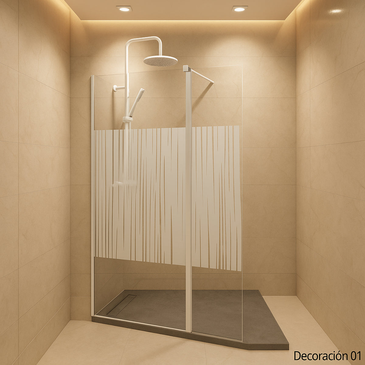 Mampara de ducha DENIA Becrisa vidrios decorativos, fijo + extensión abatible, perfil cromo, diseño contemporáneo y funcional, Errefe Home