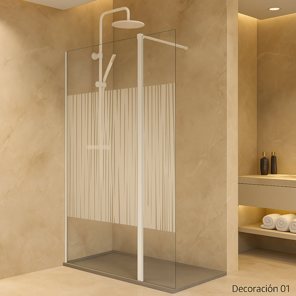 Mampara de ducha DENIA Becrisa vidrios decorativos, fijo + extensión abatible, perfil blanco, diseño moderno y funcional, Errefe Home