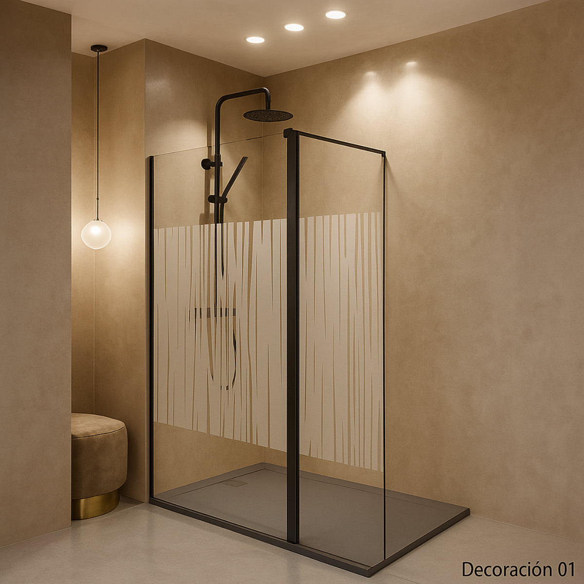 Mampara de ducha DENIA Becrisa vidrios decorativos, fijo + extensión abatible, perfil negro, diseño moderno y funcional, Errefe Home