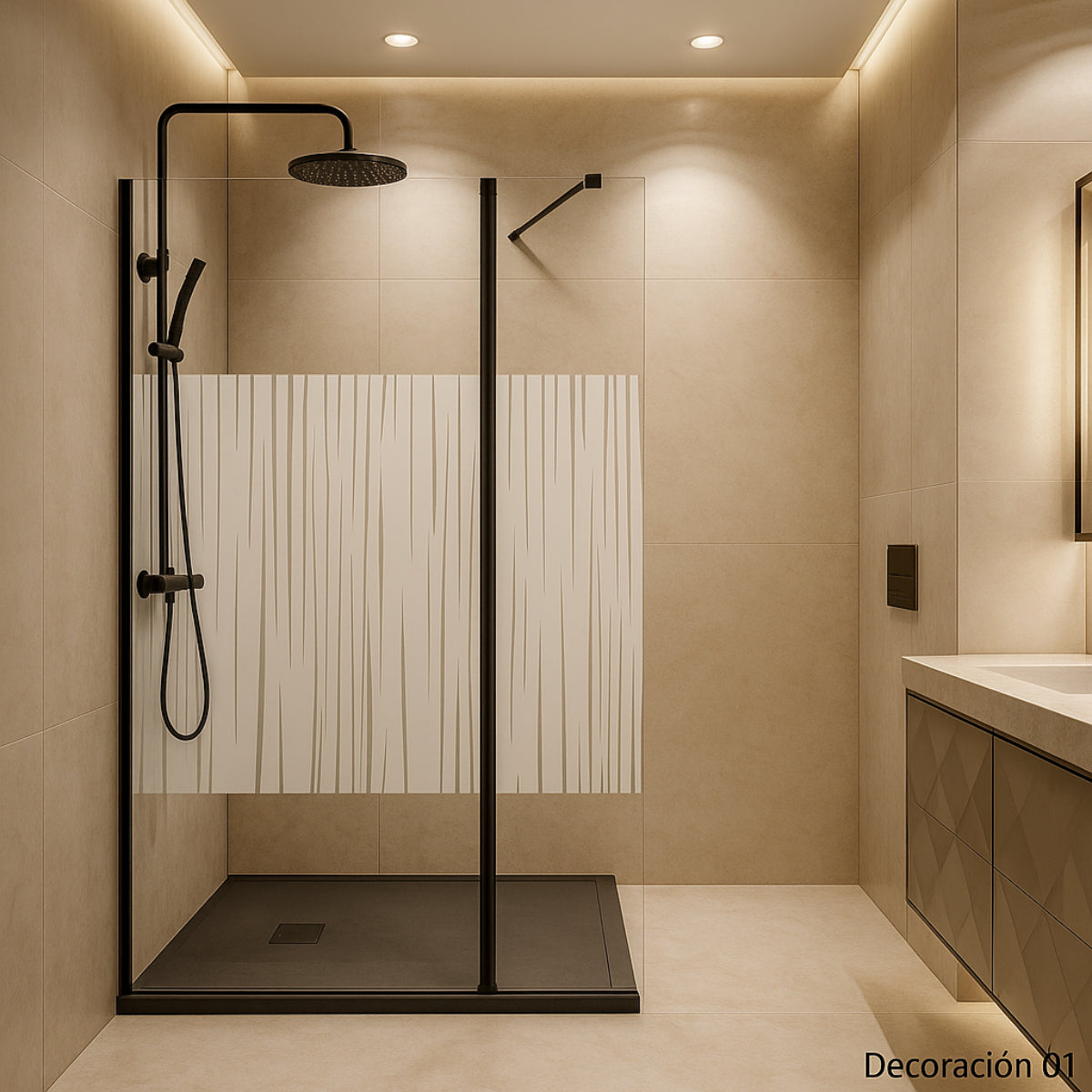 Mampara de ducha DENIA Becrisa vidrios decorativos, fijo + extensión abatible, perfil negro, diseño actual y funcional, Errefe Home