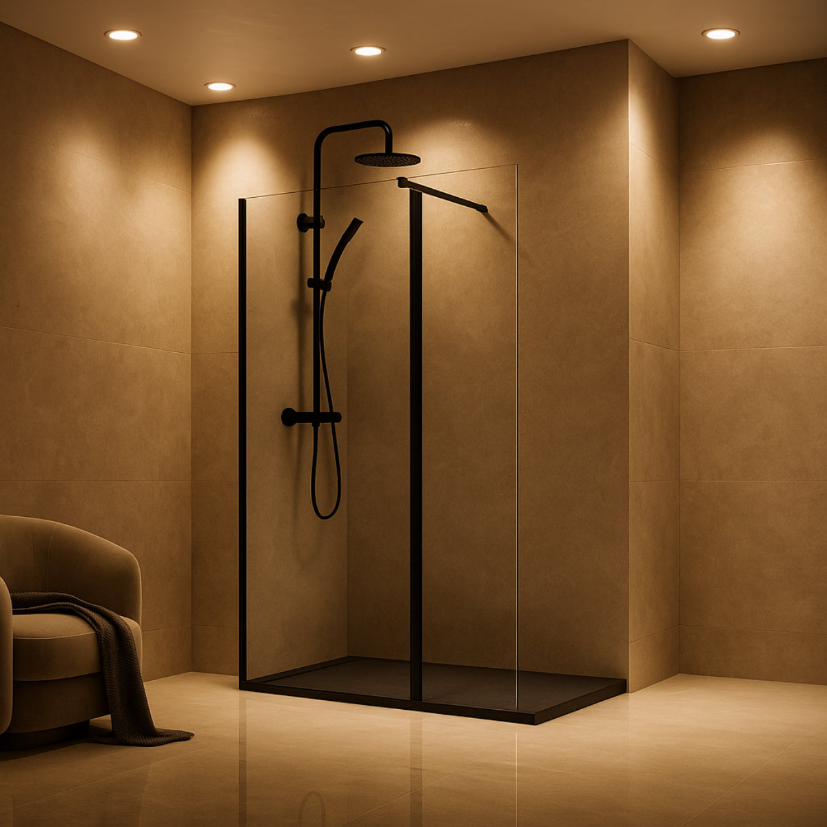 Mampara de ducha DENIA Becrisa vidrios transparentes, fijo + extensión abatible, perfil negro, diseño elegante y chic, Errefe Home