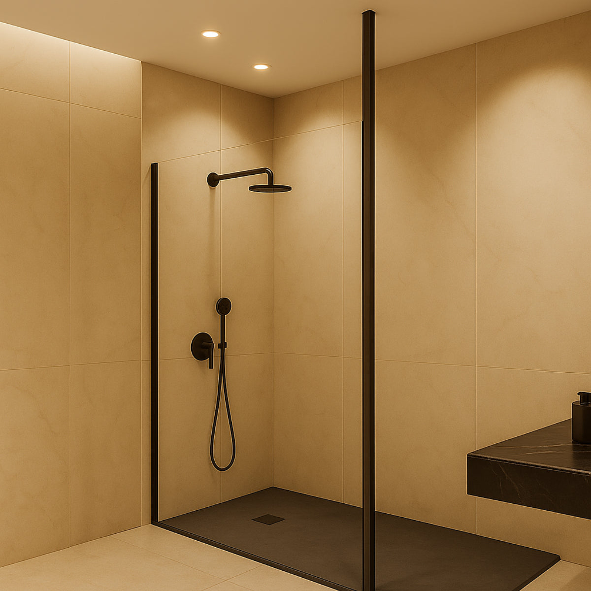 Mampara de ducha Levante Kassandra, vidrio fijo con perfil en negro, diseño versátil Errefe Home