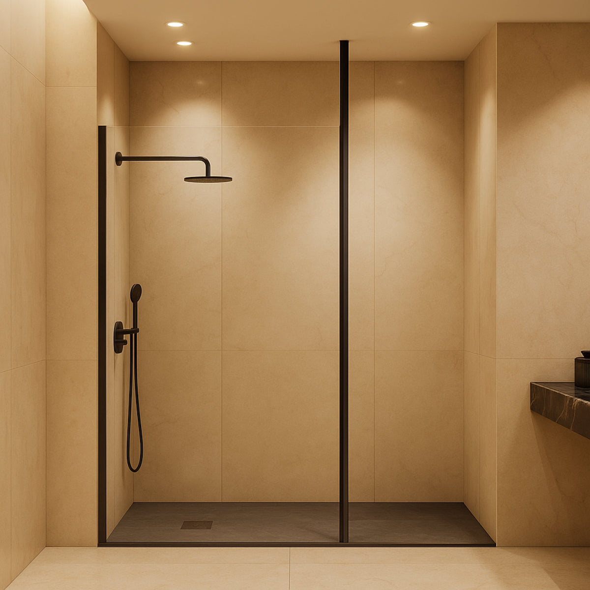 Mampara de ducha Levante Kassandra, vidrio fijo con perfil en negro, diseño versátil y funcional, Errefe Home