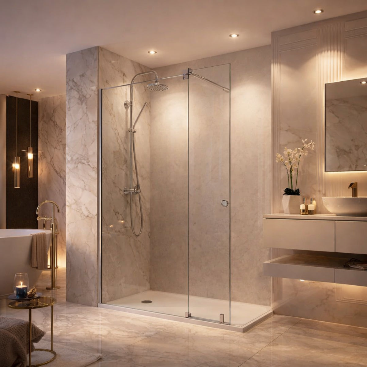 Mampara de ducha RONDA Becrisa vidrios decorativos, fijo + extensión corredera. Perfiles cromo, herrajes en acero inoxidable, diseño estilizado y exclusivo. Errefe Home