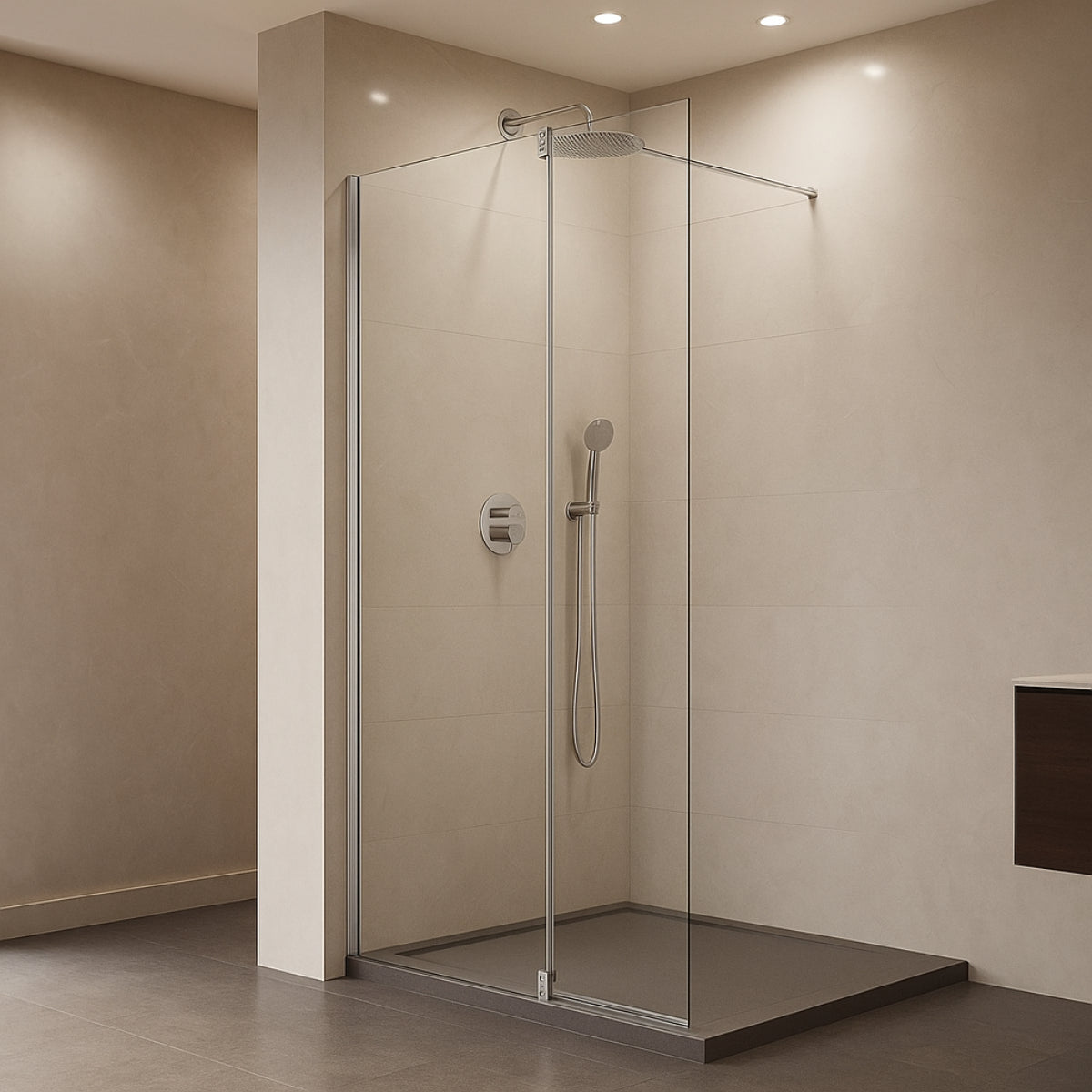 Mampara de ducha TUTTI Kassandra vidrios transparentes, fijo + extensión abatible con bisagra y perfil plata brillo, diseño innovador y avanzado, Errefe Home