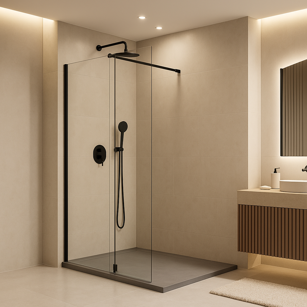 Mampara de ducha TUTTI Kassandra vidrios transparentes, fijo + extensión abatible con bisagra y perfil negro, diseño innovador y avanzado, Errefe Home