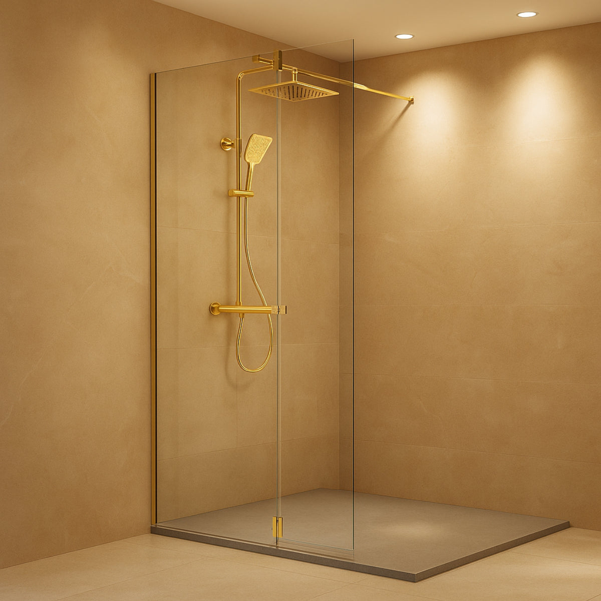 Mampara de ducha TUTTI Kassandra vidrios transparentes, fijo + extensión abatible con bisagra y perfil oro cepillado, diseño innovador y avanzado, Errefe Home