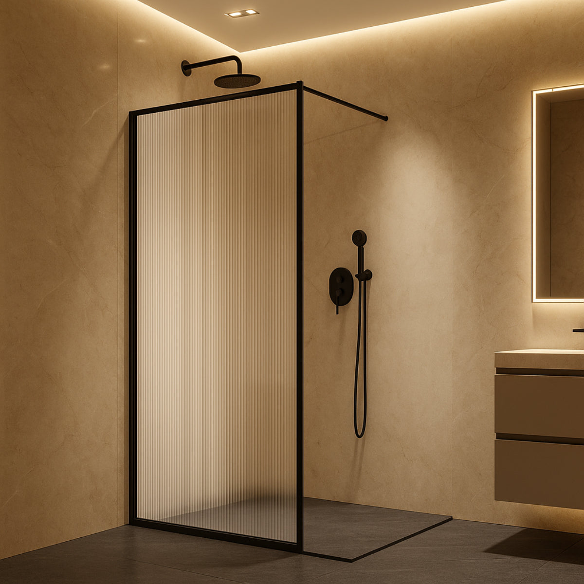 Mampara de ducha cerco fijo, vidrio decorativo acanalado, perfil negro mate, diseño sofisticado y actual, Errefe Home