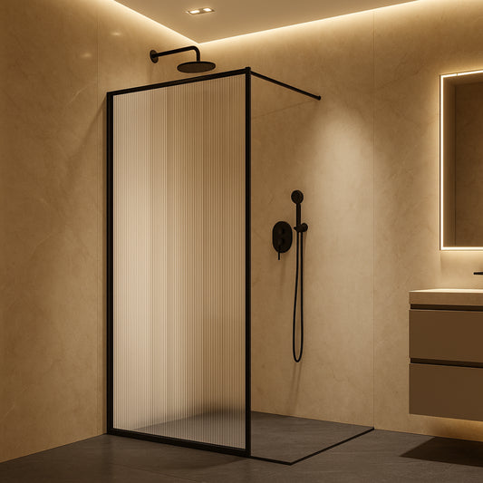 Mampara de ducha cerco fijo, vidrio decorativo acanalado, perfil negro mate, diseño sofisticado y actual, Errefe Home