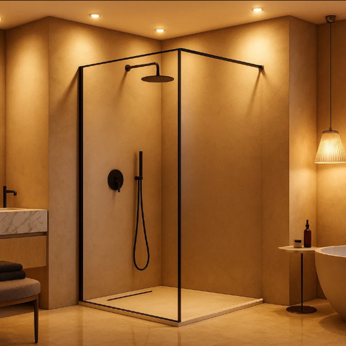 Mampara de ducha FRESH ARENA Kassandra vidrios transparentes, panel fijo perfil negro mate, diseño minimalista y estilizado, Errefe Home