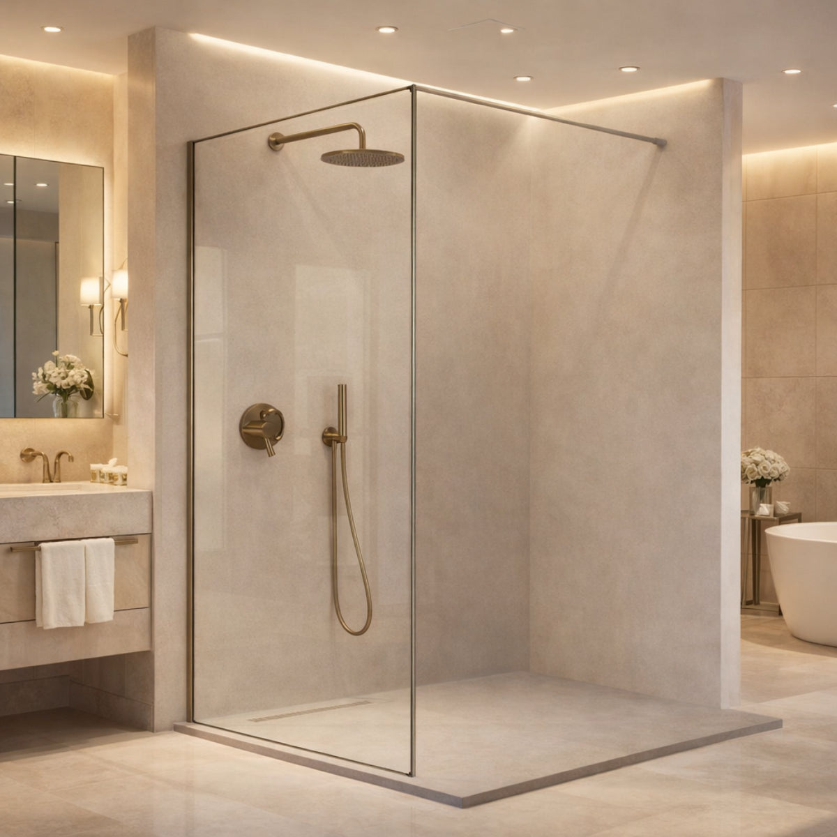 Mampara de ducha fija Fresh Arena Kassandra, vidrio transparente, perfil en gun metal, estilo elegante, diseño minimalista, Errefe Home