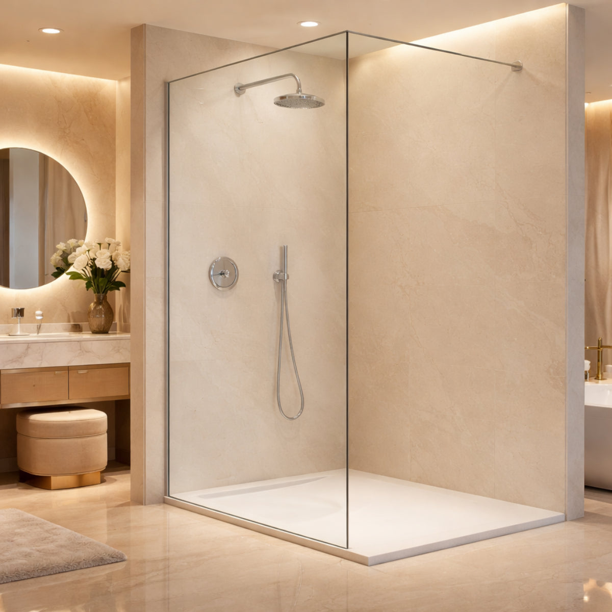 Mampara de ducha fija Fresh Arena Kassandra, vidrio transparente, perfil en plata brillo, estilo elegante, diseño minimalista, Errefe Home