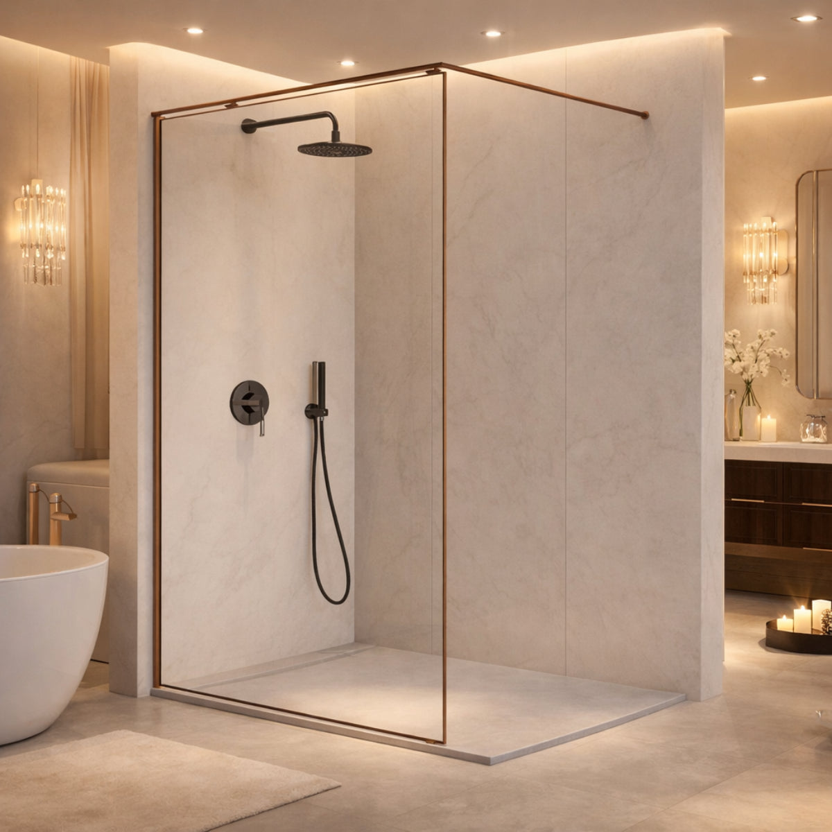 Mampara de ducha fija Fresh Arena Kassandra, vidrio transparente, perfil en bronce cepillado, estilo elegante, diseño minimalista, Errefe Home