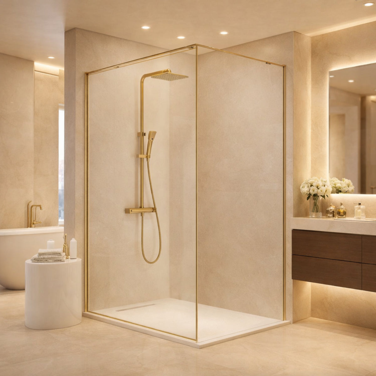 Mampara de ducha fija Fresh Arena Kassandra, vidrio transparente, perfil en oro cepillado, estilo elegante, diseño minimalista, Errefe Home