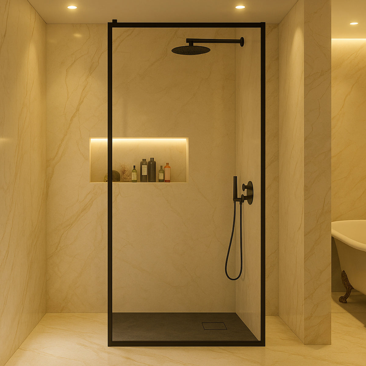 Mampara de ducha Fresh Kassandra, panel fijo con cerco perimetral en negro mate, vidrio transparente, diseño contemporáneo y sobrio, Errefe Home