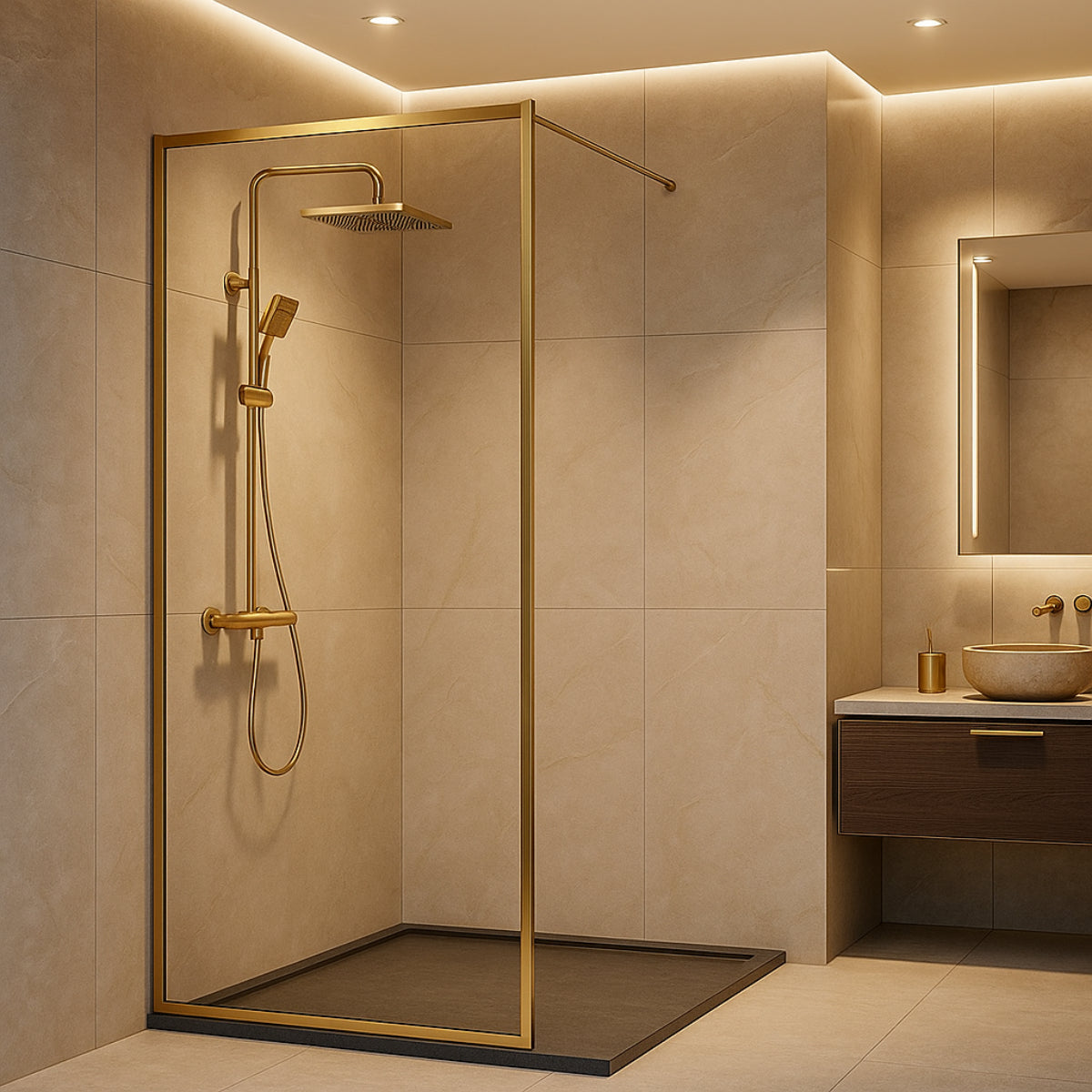 Mampara de ducha Fresh Kassandra, panel fijo con cerco perimetral en oro cepillado, vidrio transparente, diseño elegante y glamoroso, Errefe Home