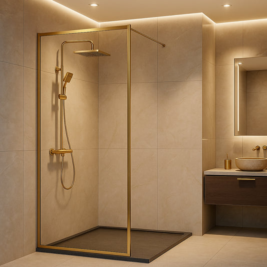 Mampara de ducha Fresh Kassandra, panel fijo con cerco perimetral en oro cepillado, vidrio transparente, diseño elegante y glamoroso, Errefe Home