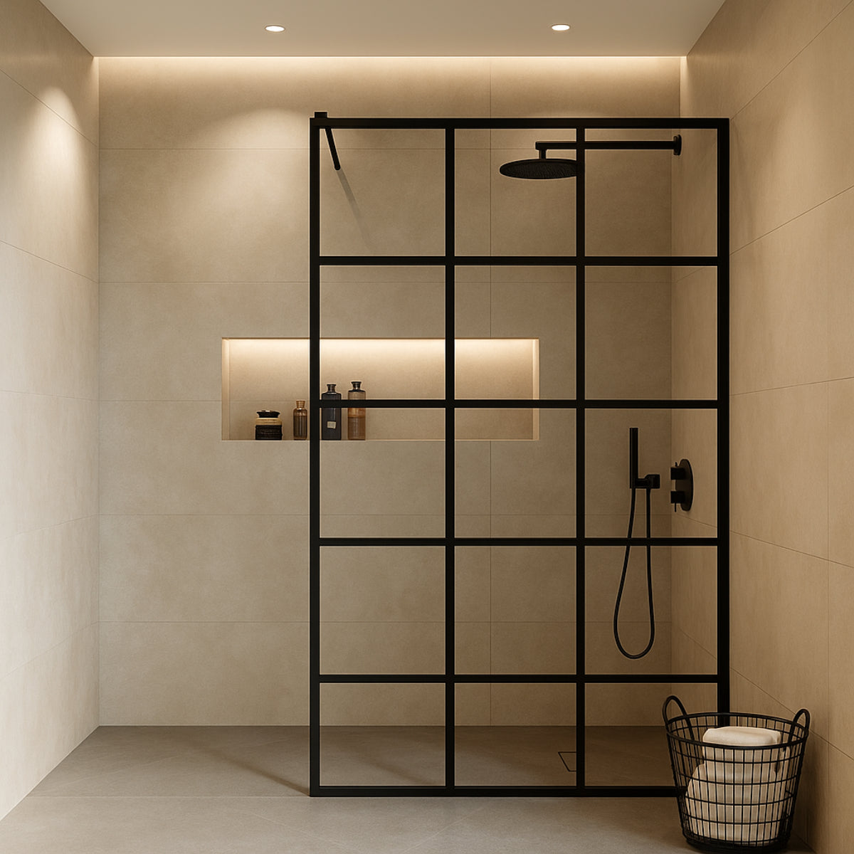 Mampara de ducha Fresh Kassandra, panel fijo con cristal serigrafiado negro acabado industrial en cuadros, diseño sobrio y premium, Errefe Home 