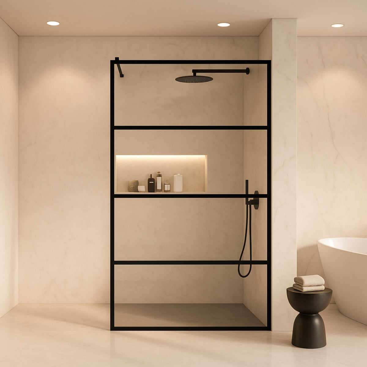 Mampara de ducha Fresh Kassandra, panel fijo con cristal serigrafiado negro acabado industrial en líneas, sobria y elegante, Errefe Home 