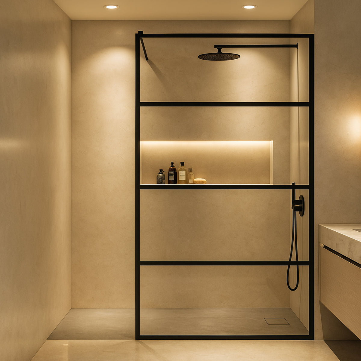 Mampara de ducha Fresh Kassandra, panel fijo con cristal serigrafiado negro acabado industrial en líneas, moderna, premium y elegante, Errefe Home 